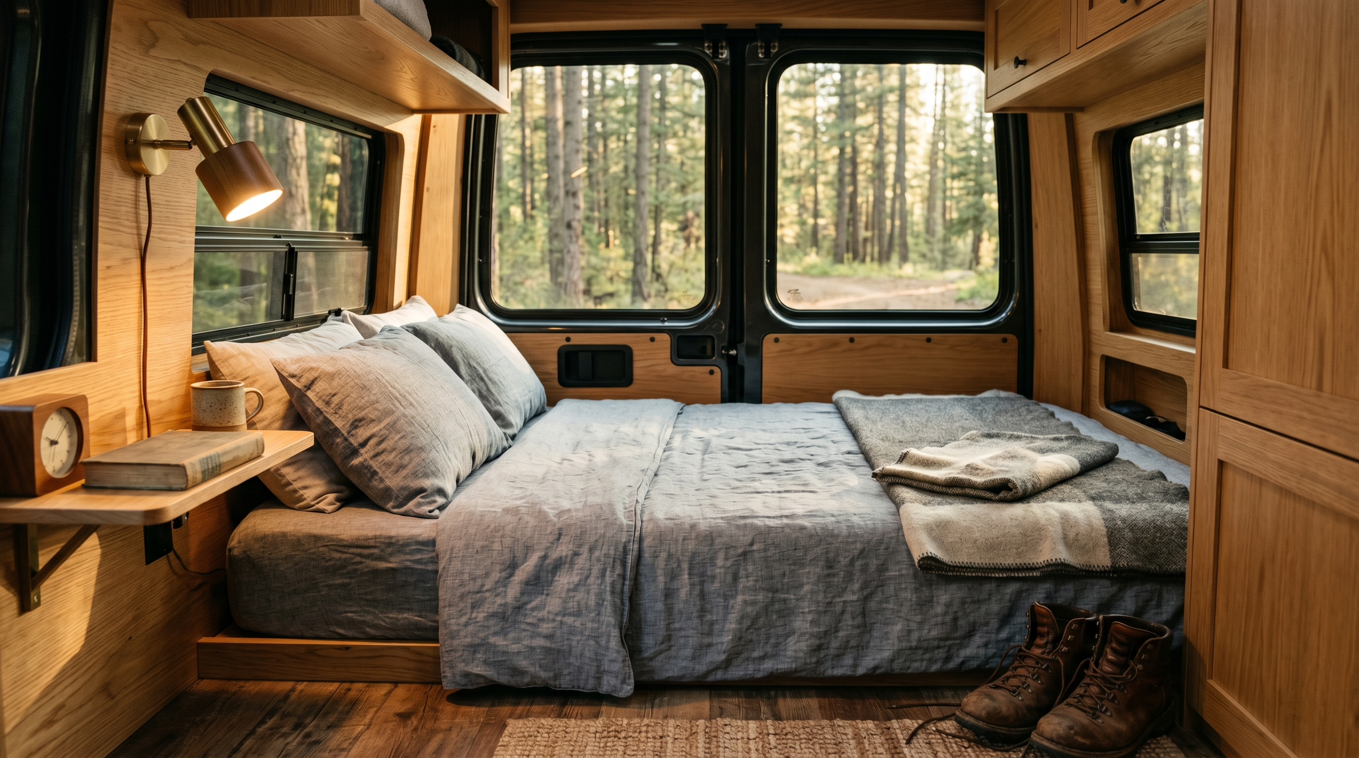 Custom-built mattress fitted inside a Class B camper van conversion with angled corner cuts to match the wheel-well shape