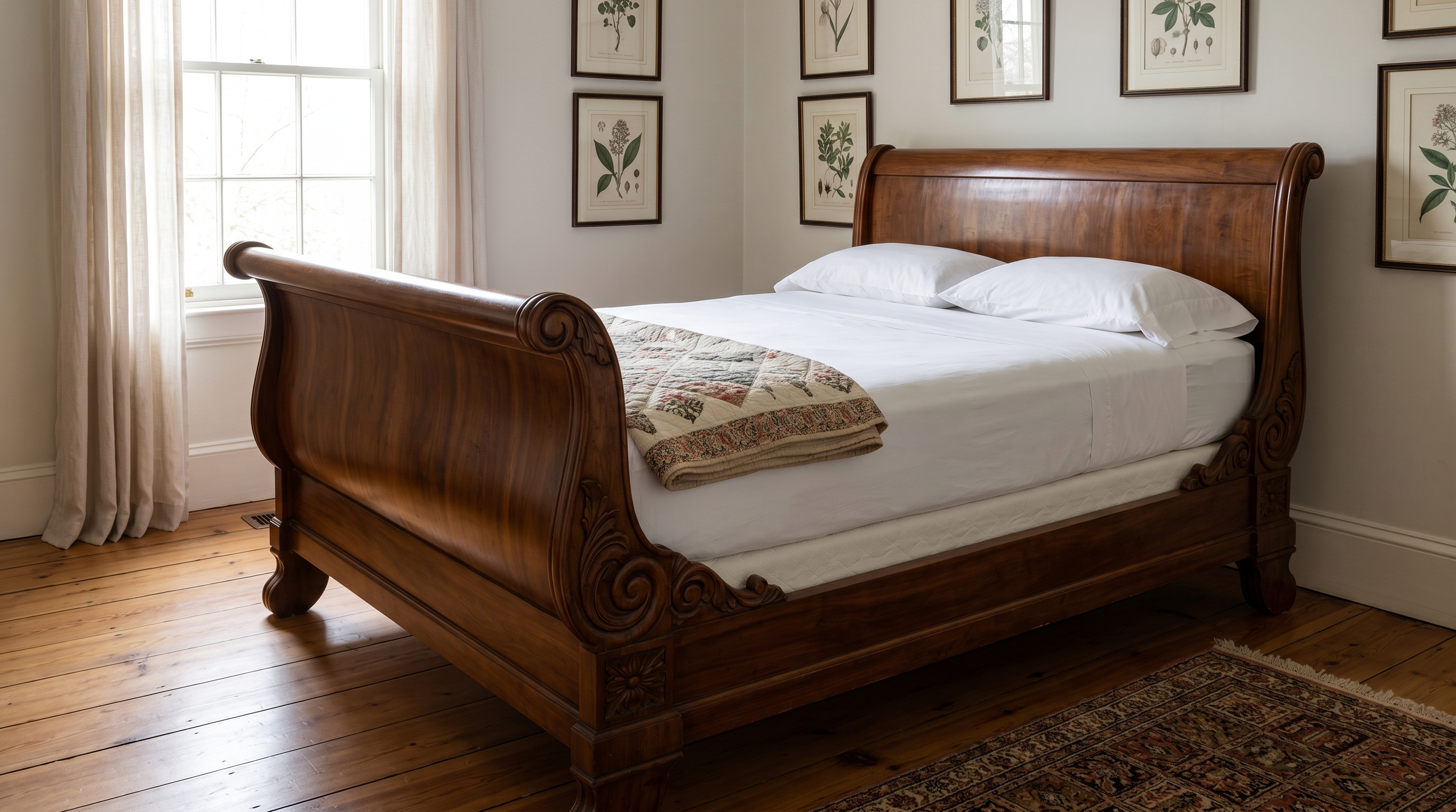 Custom-size mattress fitted inside a 19th-century carved walnut sleigh bed frame in a historic-home bedroom