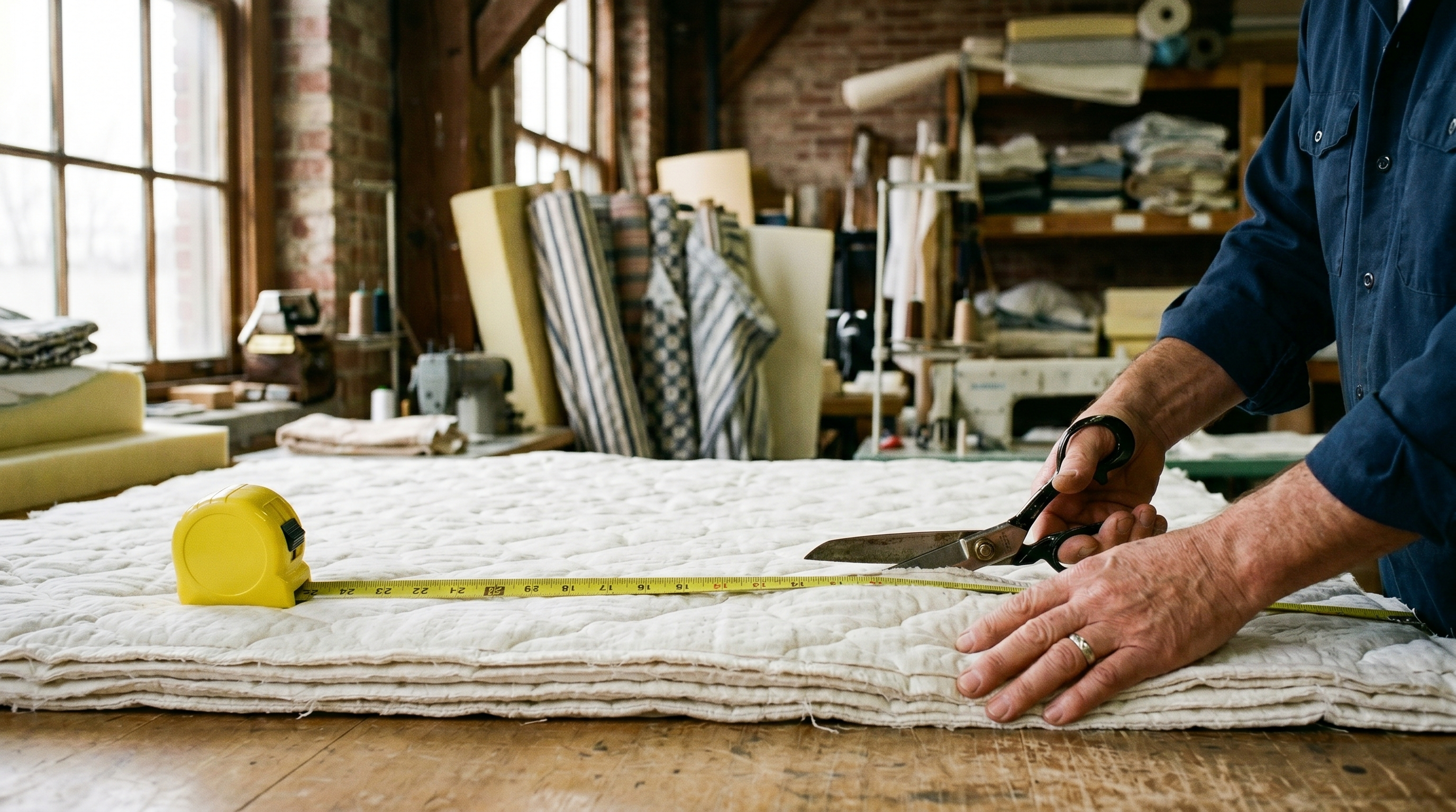 Tampa Mattress Makers craftsman measuring and cutting a custom-size mattress panel in the Clearwater Florida workshop