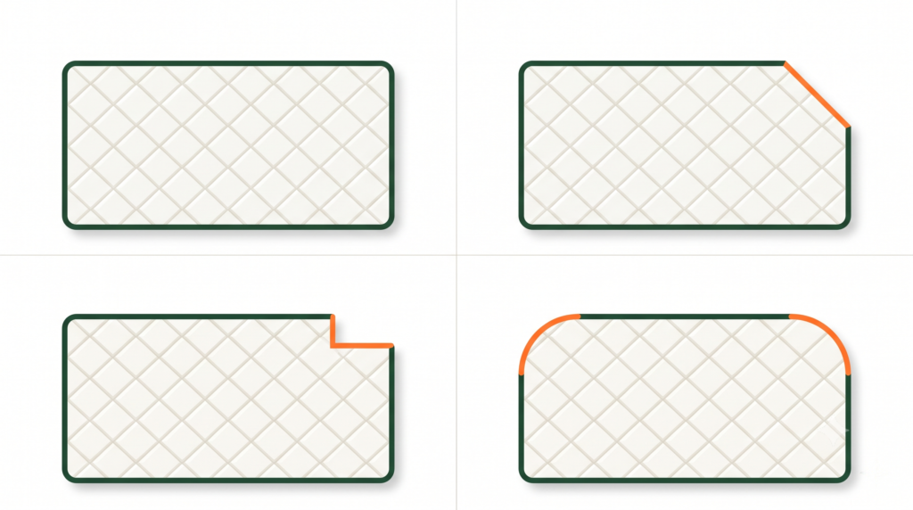 Diagram of four RV mattress shapes showing a standard rectangle, a single angled corner cut, a notched corner cut, and dual radius rounded corners