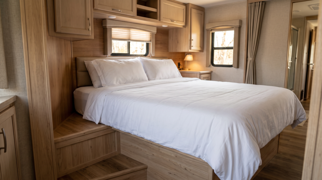 RV bedroom with a short queen mattress in white bedding, framed by light wood overhead cabinets and windows
