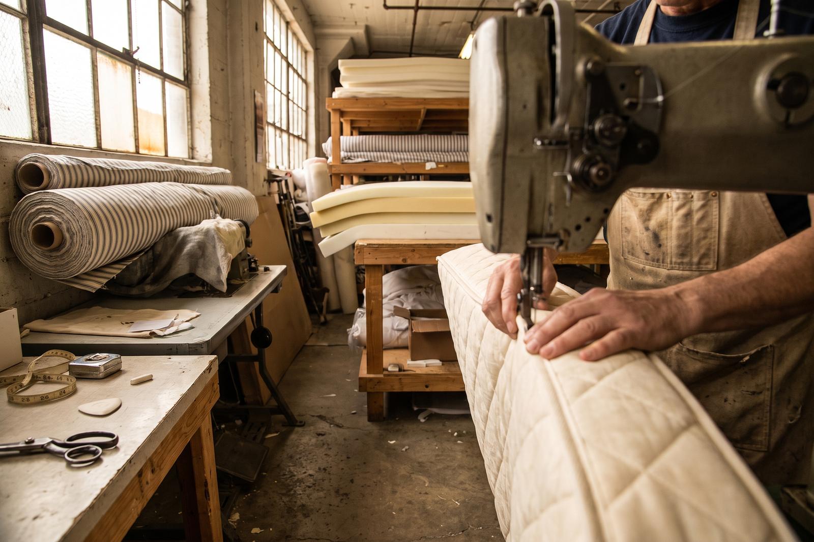 Craftsman guiding a quilted mattress panel through a tape-edge sewing machine in the Clearwater workshop
