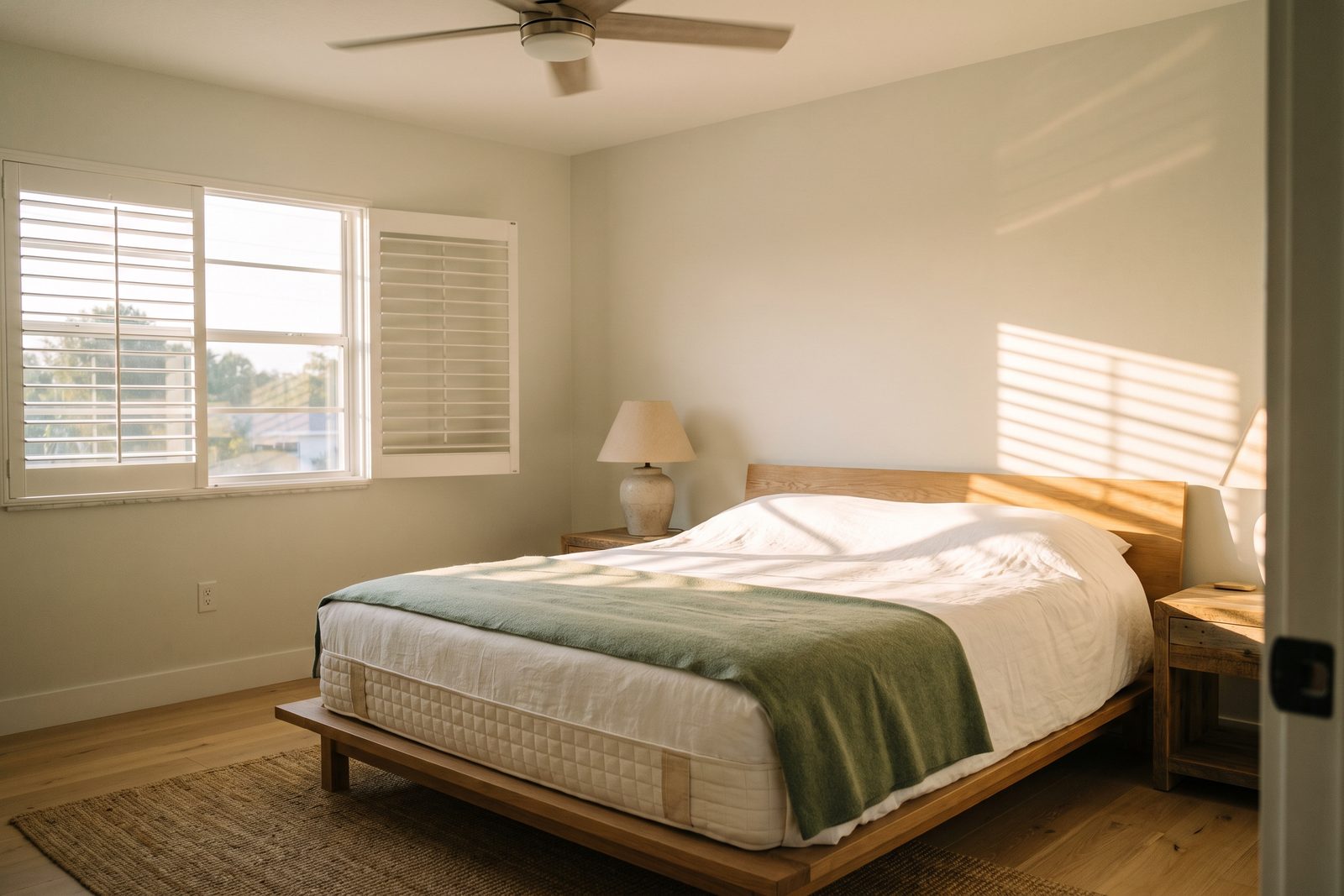 Handcrafted mattress on a low wooden platform bed in a bright coastal Florida bedroom