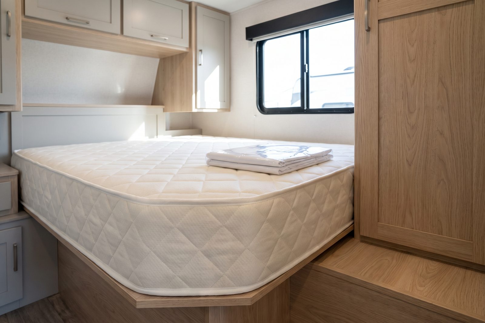 Short queen RV mattress with an angled corner cut fitted to a travel trailer bed platform beside a wardrobe